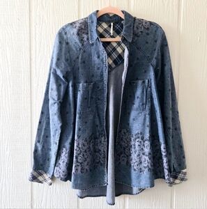 Free People Dottie Over You Floral Plaid  Chambray Button Down Western Medium